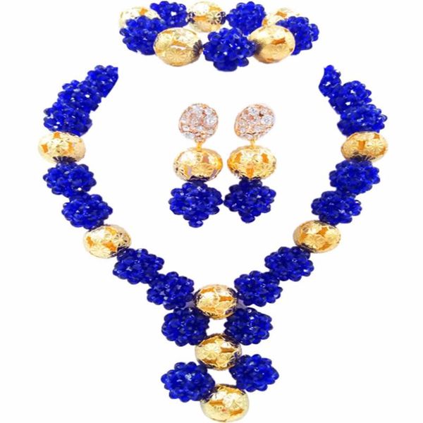 

earrings & necklace royal blue fashion costume jewelry nigerian wedding african beads set, Silver