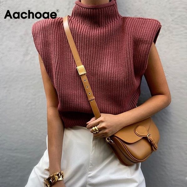 

women fashion cropped knitted sweater with shoulder pads turtleneck sleeveless pullover solid color chic jumpers, Black;white