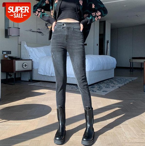 

korean style slim slimming pencil pants design sense lace high waist washed jeans women #g56f, Black;gray