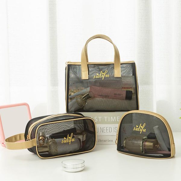 

cosmetic bags & cases net yarn makeup wash storage bag large-capacity transparent bath swimming travel beach three-piece handbag
