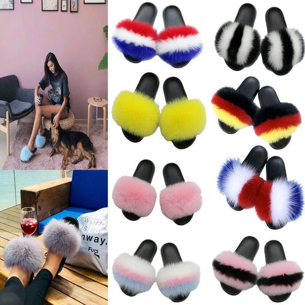 

slippers real fur womens fluffy flat slideers ladies comfy summer sandals feathers furry flip flop home outdoor shoes size, Black