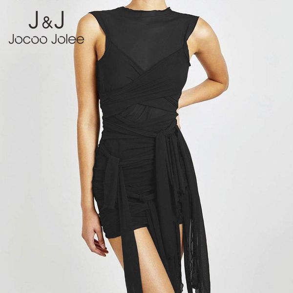 

jocoo jolee women summer see through mesh ribbons backless mini dress buttocks solid sleeveless streetwear party club 210518, Black;gray