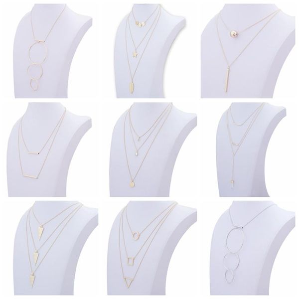 

chokers 10pcs multilayer hyperbole pendant choker necklaces women gold/silver color beads round square triangle jewelry wholesale, Golden;silver
