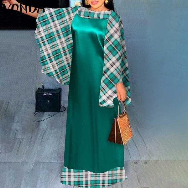 

casual dresses vintage plaid dress 2021 vonda women o neck long sleeve maxi fall vestidos oversized autumn robes, Black;gray