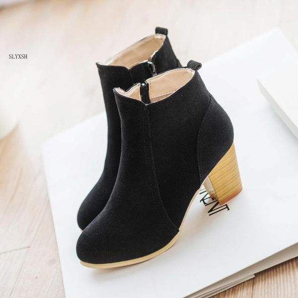 

boots autumn & winter short cylinder high heels shoes women ankle side zipper thick scrub, Black