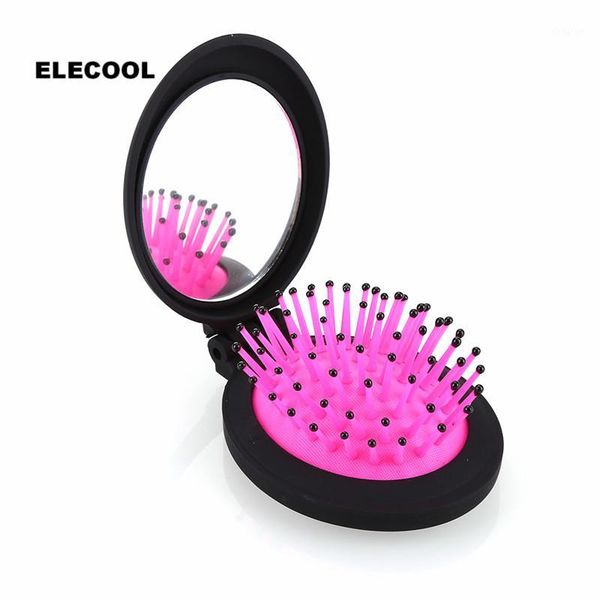 

1 pc portable mini folding comb girls airbag travel hair brush with mirror, Silver
