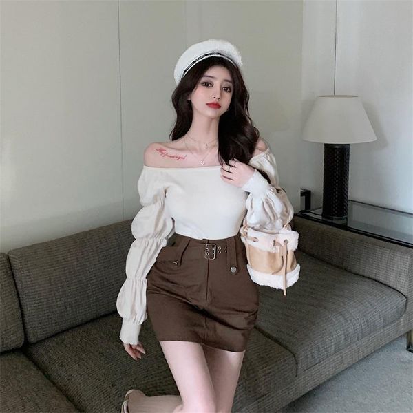 

women's blouses & shirts korean fashion clothing ins aesthetic slash neck off shoulder folds solid lantern sleeve 2021 autumn womens, White