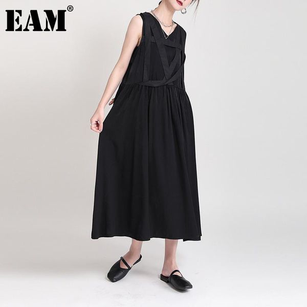 

casual dresses [eam] women black ribbon pleated zipper dress v-neck sleeveless loose fit fashion tide spring summer 2021 1dd8601, Black;gray
