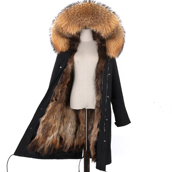 

women's fur & faux 2021 x-long parka winter jacket women real coat big natural raccoon hood streetwear detachable outerwear, Black