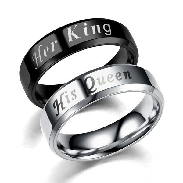 

her king&his queen couple rings 6mm black/silver color stainless steel smooth wedding engagement for women men jewelry, Slivery;golden