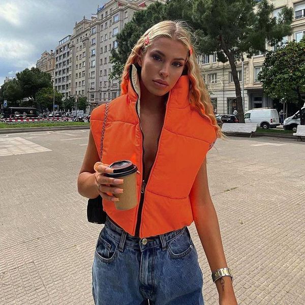 

women's vests streetwear zip up winter vest jackets sleeveless warm puffer coats funnel neck sporty casual solid 2021 women outerwear, Black;white