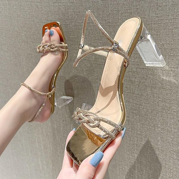 

dress shoes 2021 women's summer rhinestone strap sandals female square toe transparent chunky heel ladies banquet glossy, Black