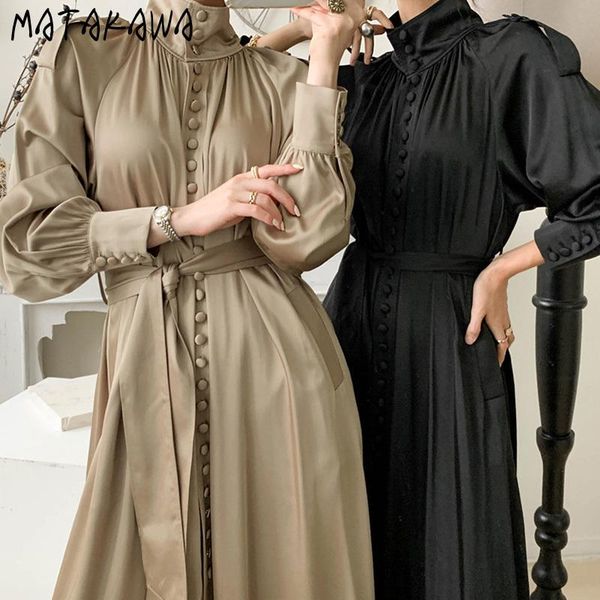 

turtleneck gloss single-breasted femme robe korean lace-up waist vestido french lantern sleeve maxi dresses for women casual, Black;gray