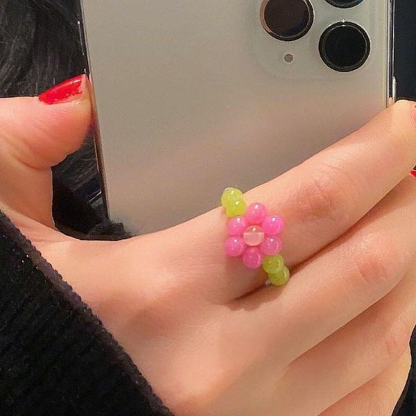 

wedding rings aomu fashion trendy korean handmade multi-color small flowers rice beads ring women girl jewelry stretch weave style, Slivery;golden