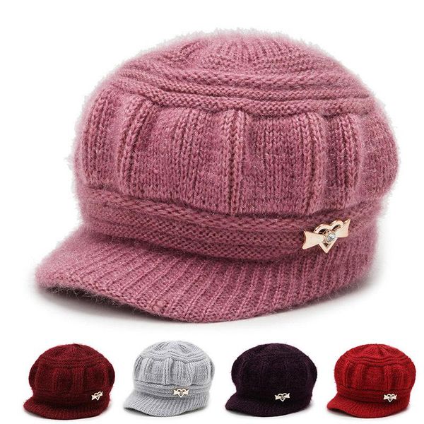 

berets 2021 fashion winter women beret hat elegant ladies solid flat cap thicken warm earmuffs knitted wool beanie, Blue;gray