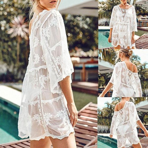 

women's swimwear women sheer floral lace swimsuit cover up off shoulder crochet hollow out pullover loose mini beach dress, White;black