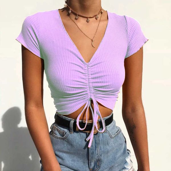 

v neck cropped tank women drawstring tie up front camis candy colors streetwear slim fit ribbed crop 210527, White
