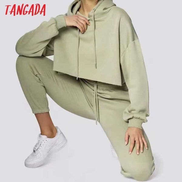 

tangada spring women tracksuit thick fleece 95% cotton suit 2 pieces sets crop hoodies sweatshirt and pants suits ch09 210609, White