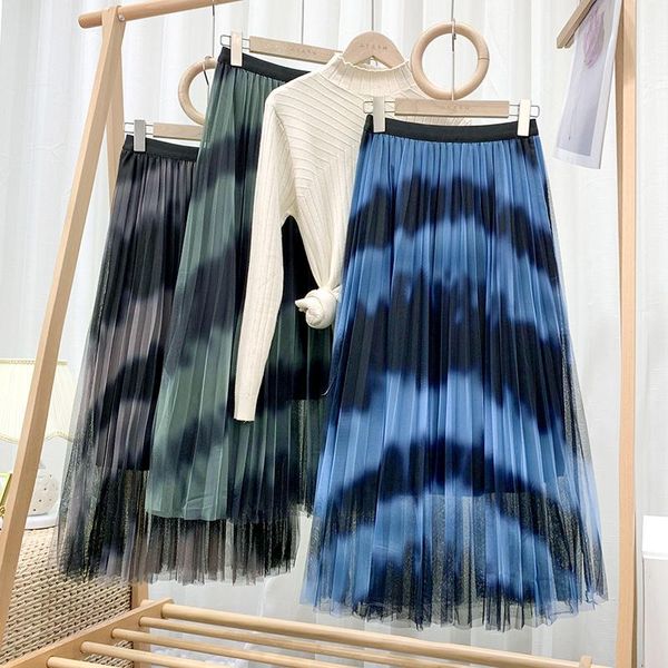 

skirts contrast color slim high-waist double-layer large hem ladies skirt fashionable elegant elastic waist mesh a-line for women, Black