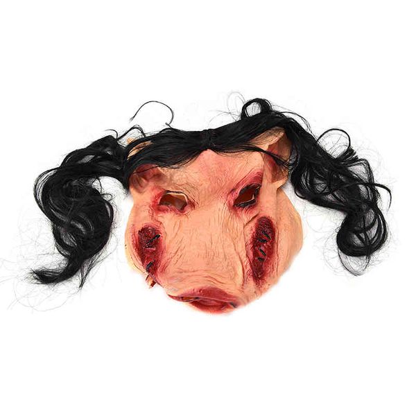 

factory outlet pig head with black hair silicon masks halloween party for full cosplay costume moive tools saw animal scary