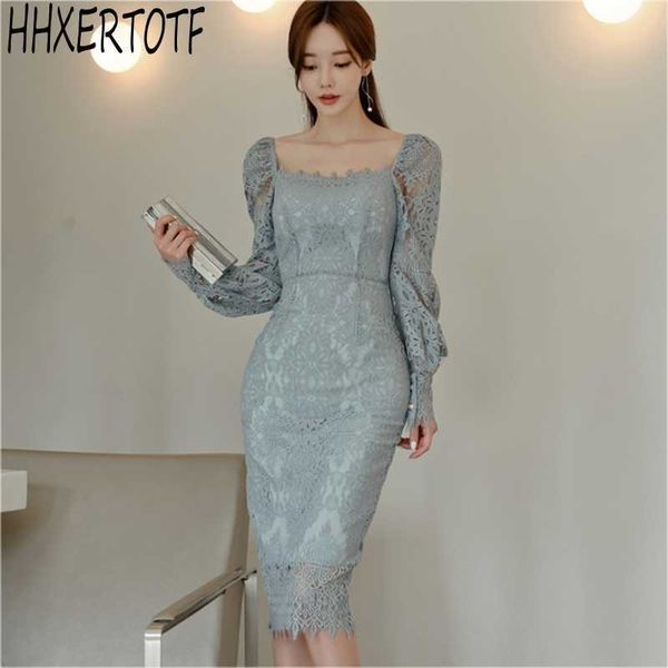 

spring elegant women square collar slim waist dress long sleeve bag hip lace dress vestidos 210531, Black;gray