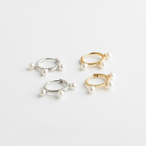 

hoop & huggie wtltc three tiny pearl earrings for women mini cartilage 925 sterling sliver ear piercing, Golden;silver