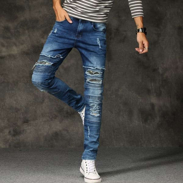

men's pants new arrival broken hole style mens denim jeans full length fashion straight elasticity men pr20, Black