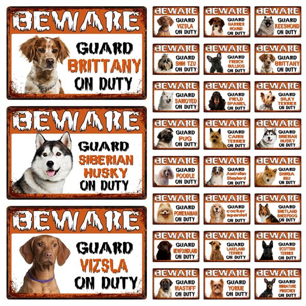 

beware guard shiba inu brittany samoyed husky pug on duty metal sign home decor bar art painting 20*30 cm size dy172