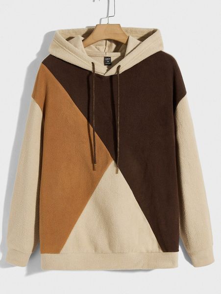 

men colorblock drop shoulder drawstring thermal hoodie z7qu#, Black