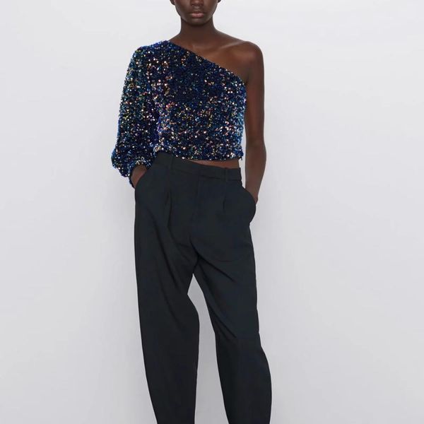

polo za t sequin asymmetry off shoulder one sleeve black elegant aesthetic club party autumn winter women shirt, White