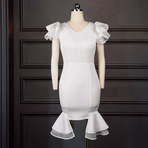 

white party dress for women prom sheath v neck ruffle sleeve slim plus size xl birthday elegant ladies night clubwear 210527, Black;gray