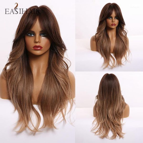 

long brown ombre synthetic wigs for women natural wavy heat resistant cosplay wig layered hair wig1, Black