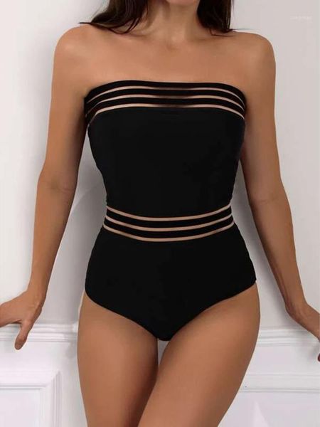 

women's swimwear bandeau one piece swimsuits mesh black swimming suit for women strapless beachwear sports bathing, White;black