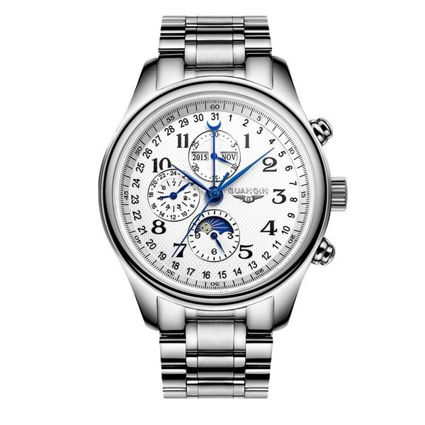 

original guanqin fashion automatic watch men perpetual calendar mechanical watches date moon phase sapphire wristwatches, Slivery;brown