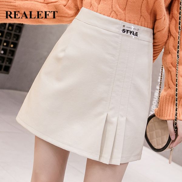 

autumn winter pu leather mini pleated skirts candy color high waist sheath wrap skater a-line female 210428, Black