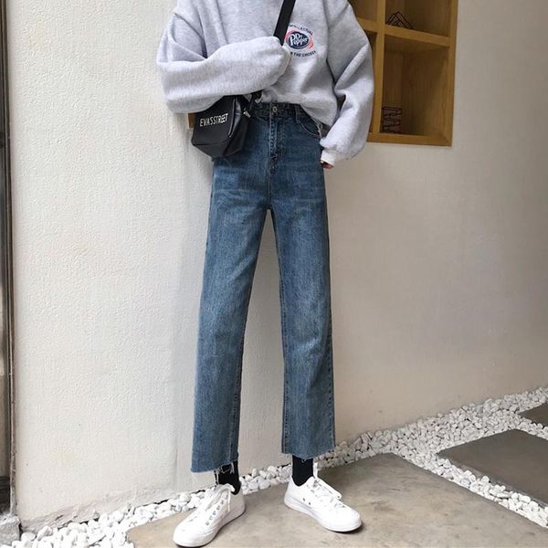 

women's jeans denim pants spring and autumn straight loose high waist 2021 slim chic style point, Blue
