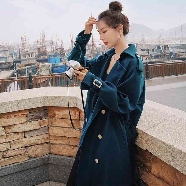 

women's wool & blends autumn trench coat loose unique breasted long female windbreakers plus size 6l62, Black