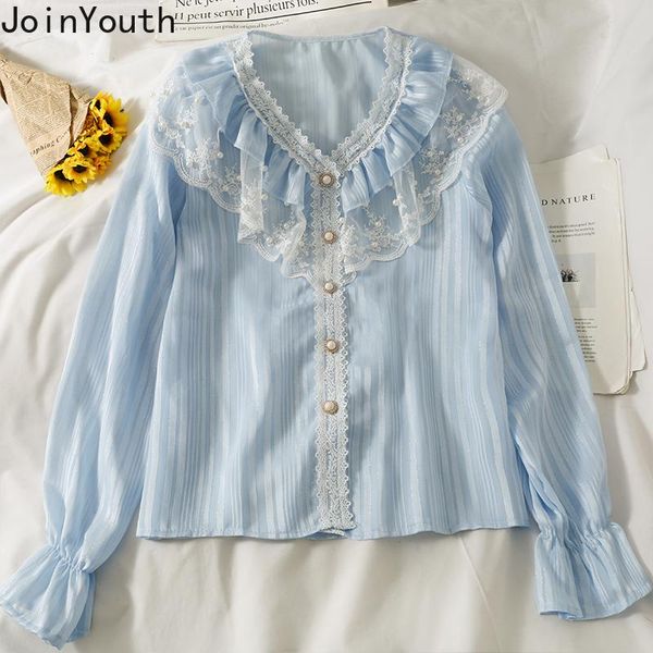 

women's blouses & shirts joinyouth women blouse autumn sweet lace ruffle patchwork v neck single breasted loose vertical stripes flare, White