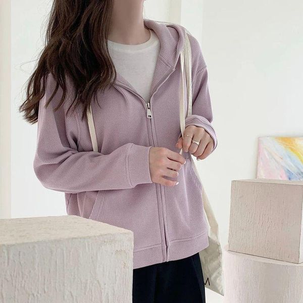 

running jackets women's jacket autumn 2021 loose solid color waffle zipper hooded sweater niche design cardigan thin all-match casual, Black;red
