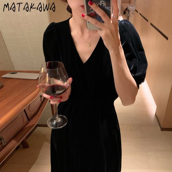 

matakawa hepburn style v-neck dresses for women waist slim temperament robe korean chic spring long velvet black vestidos 210513, Black;gray