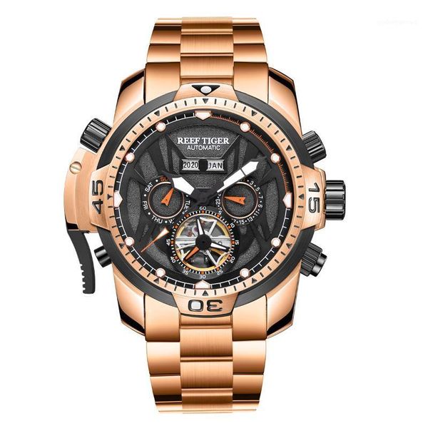 

reef tiger luxury men automatic watch,mens watches waterproof self wind mechanical wristwatch luminous sapphire steel strap wristwatches, Slivery;brown