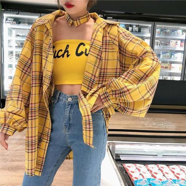 

classic plaid simple loose mid women blouses long student korean style bf harajuku shirt womens clothing chic fashion streetwear, White