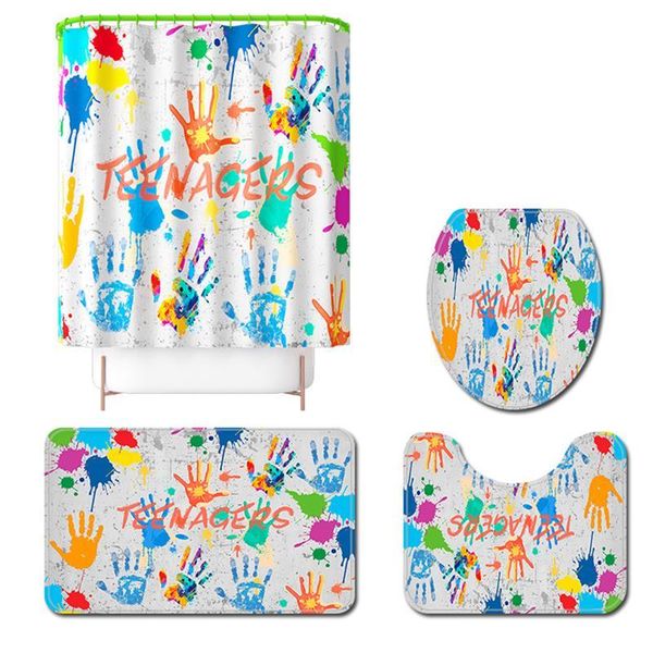 

shower curtains curtain graffiti handprint painting set bathroom non-slip mat rugs music food toilet lid cover bath with hooks
