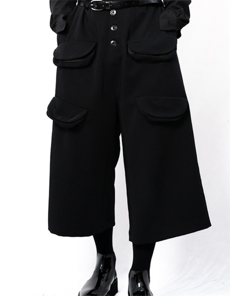 

spring and autumn men's casual pants fashion youth wide leg culottes multi pocket symmetrical black straight