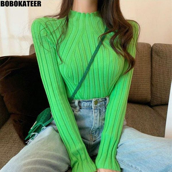 

women's sweaters pullover women sweater vintage tight half turtleneck woman autumn clothes pink knitted green winter jumper 2021, White;black
