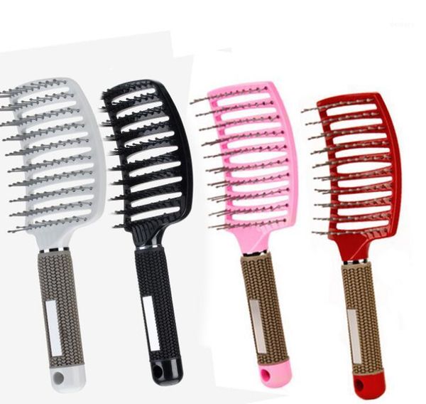 

women massage brush hair smooth pure pig hairbrush styling plastic nylon big bent comb hairdressing tool1, Silver