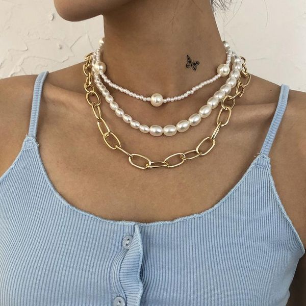 

chains simple multi-layer pearl clavicle chain punk style personality generous necklace female, Silver