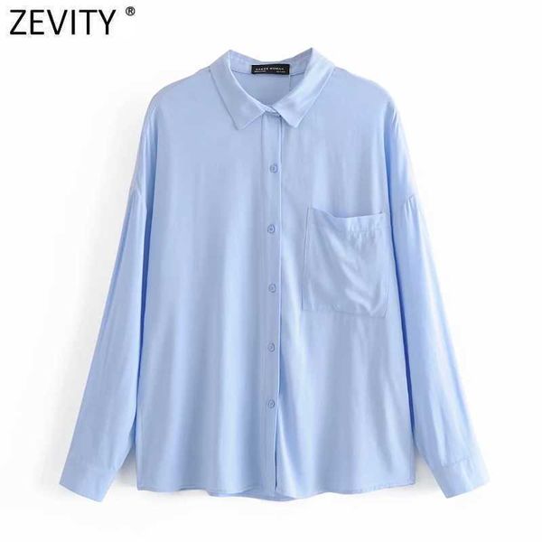 Zevity Women Fashion Pocket Decoration Casual Kimono Smock Blouse Office Shirts Business Shirts Roupas Chic Chemise Tops LS7580 210603