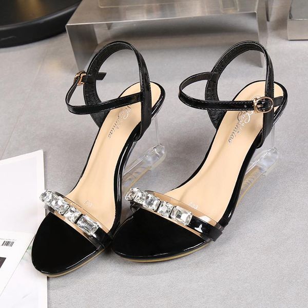 

femal shoes summer crystal wedges sandals pu rhinestone peep toe buckle high heel tenis fashion women's work, Black