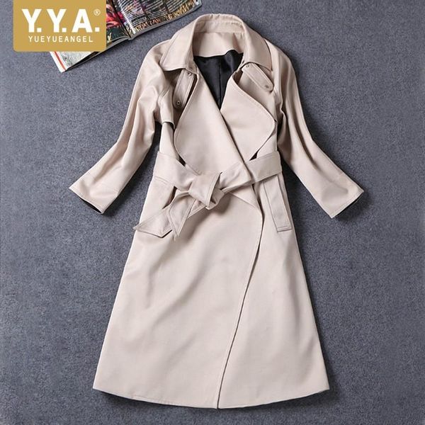 

women's trench coats fashion women turn down collar apricot belted coat office ladies outwear long loose sobretudo feminino windbreaker, Tan;black